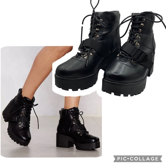 koi Shoes - KOI Footwear Black Strappy Chunky Heeled Hiking Boot Size UK 6